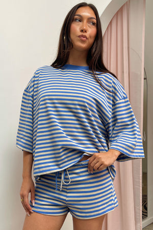 Road Trip Blue and Cream Stripe Mini Shorts