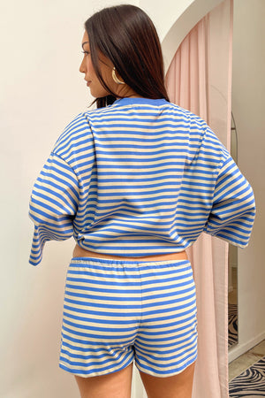 Road Trip Blue and Cream Stripe Mini Shorts