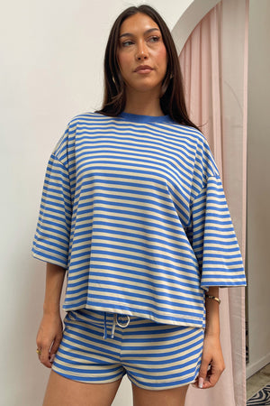 Road Trip Blue and Cream Stripe Tee