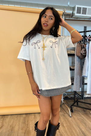 For the Girls White with Black Bow Tee