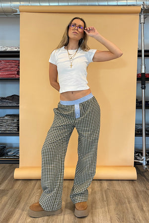 Aubrey Green Plaid with Blue Contrast Boxer Style Pants