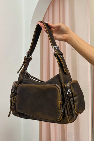 Sedona Brown Distressed Faux Leather Shoulder Bag