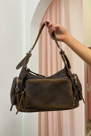 Sedona Brown Distressed Faux Leather Shoulder Bag