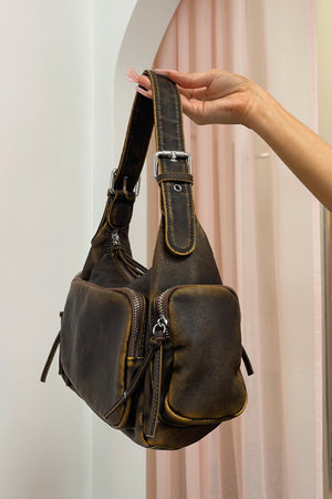 Sedona Brown Distressed Faux Leather Shoulder Bag