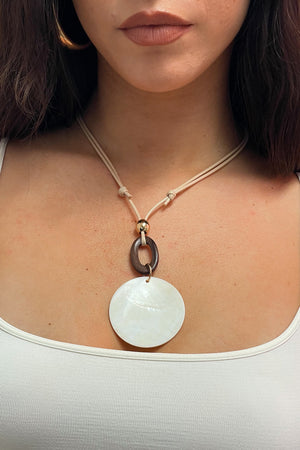 Cream Shell and Brown Wood with Cream Cord Necklace