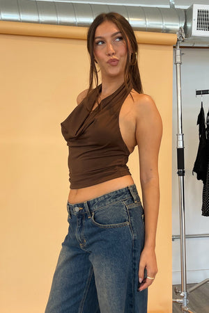 Monet Brown Cowl Neck Halter Top