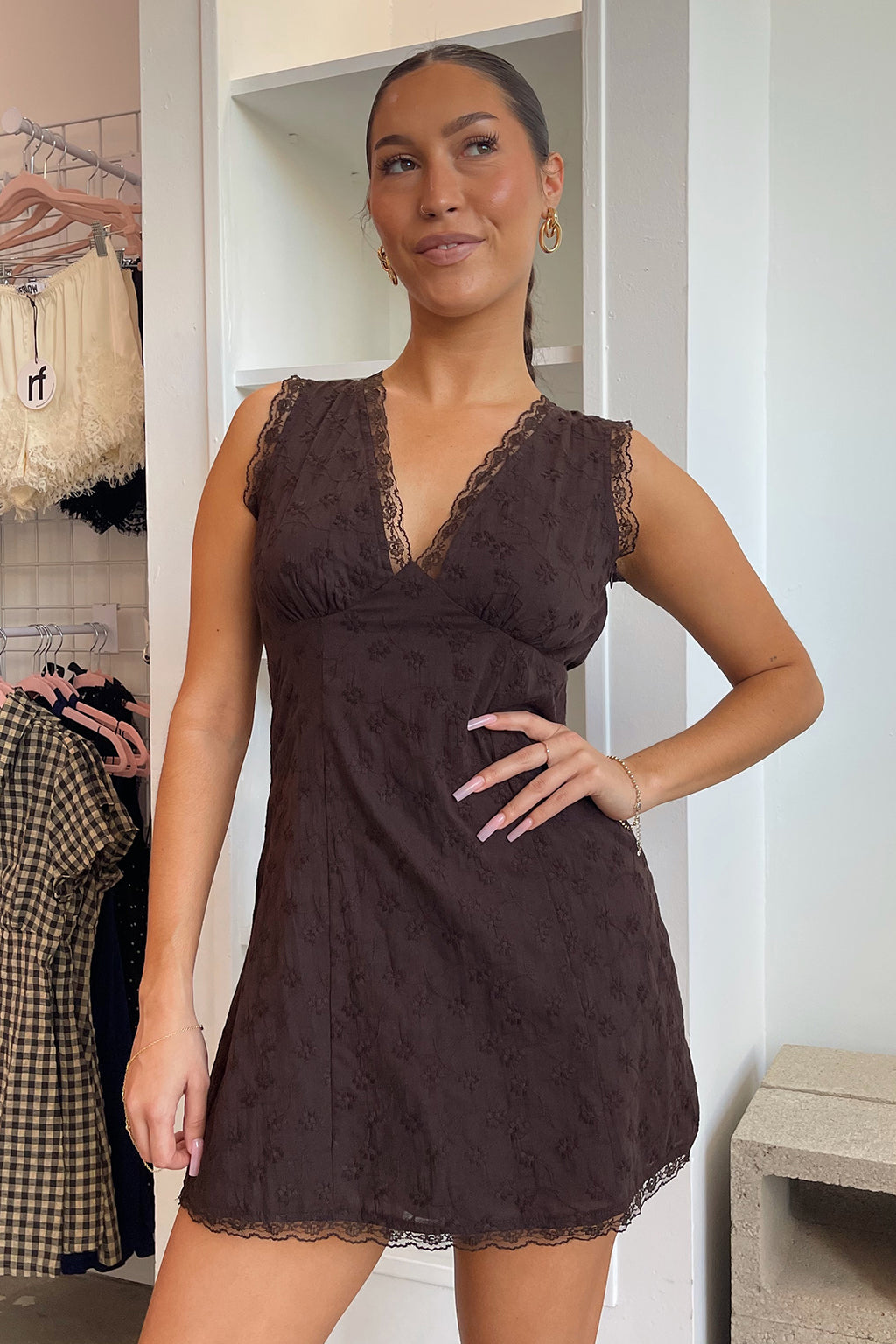 Campbell Brown Embroidered Floral Lace Trim Mini Dress