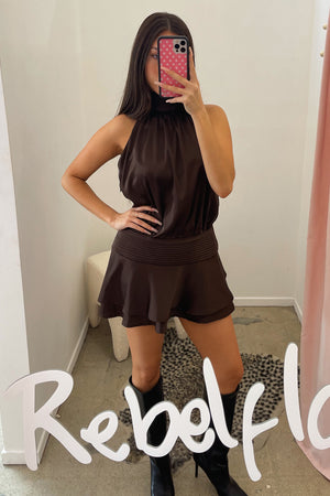 Audrey Brown Satin Halter with Ruffle Bottom Mini Dress