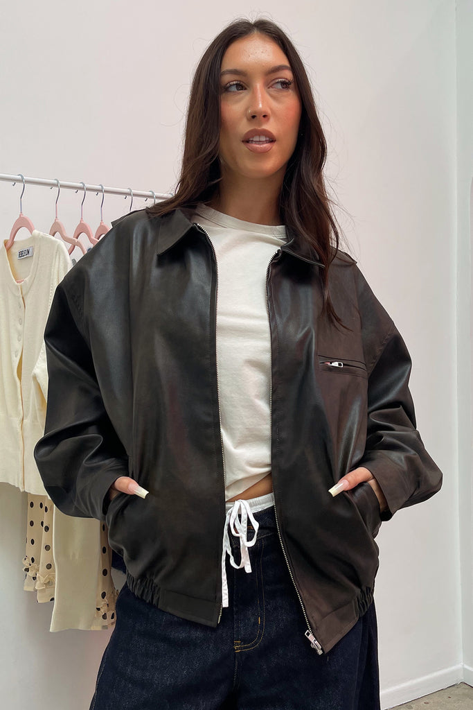 Going Steady Dark Brown Faux Leather Oversized Jacket