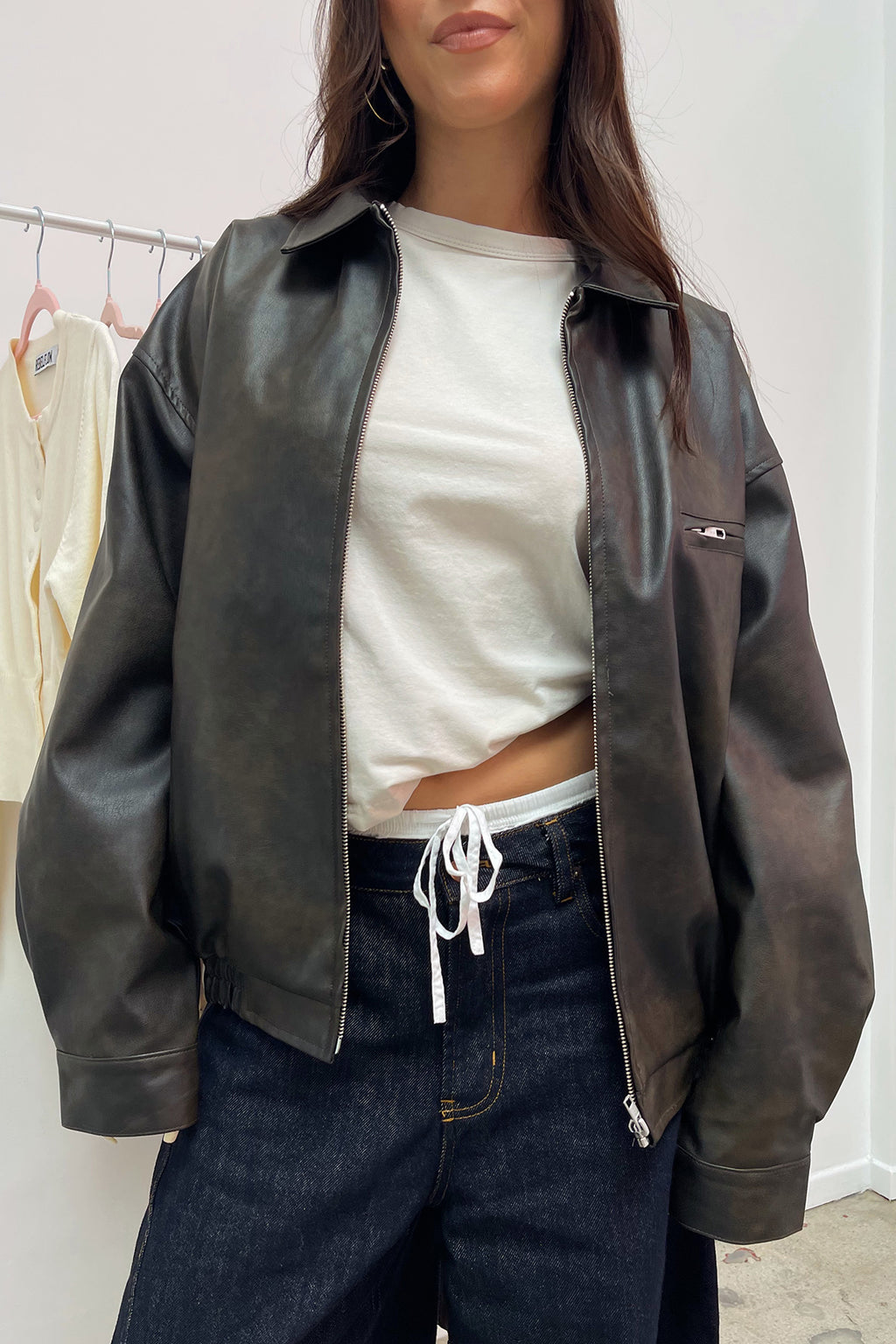 Going Steady Dark Brown Faux Leather Oversized Jacket