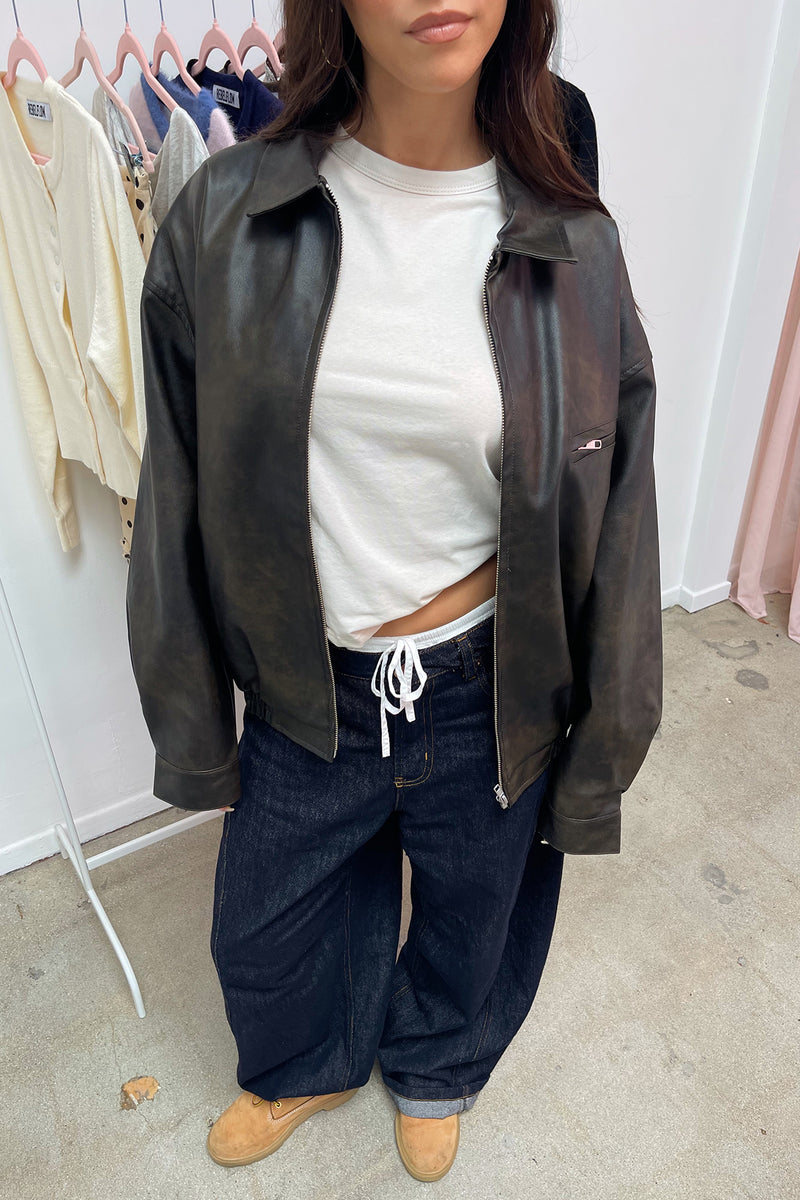 Going Steady Dark Brown Faux Leather Oversized Jacket