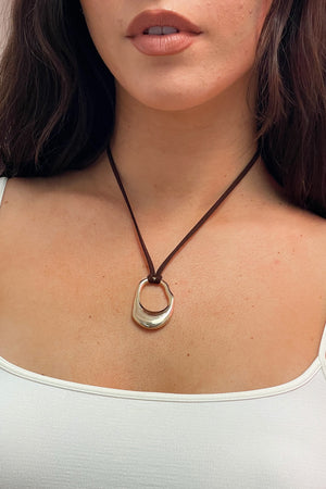 Gold Irregular Oval with Brown Cord Necklace