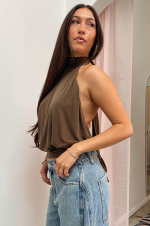 In the City Brown Halter Tie Top