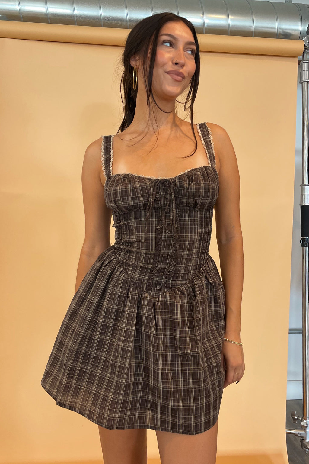 Fallon Brown Plaid Cottage Mini Dress