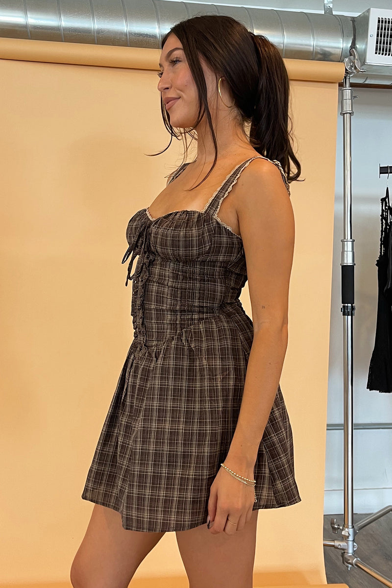 Fallon Brown Plaid Cottage Mini Dress