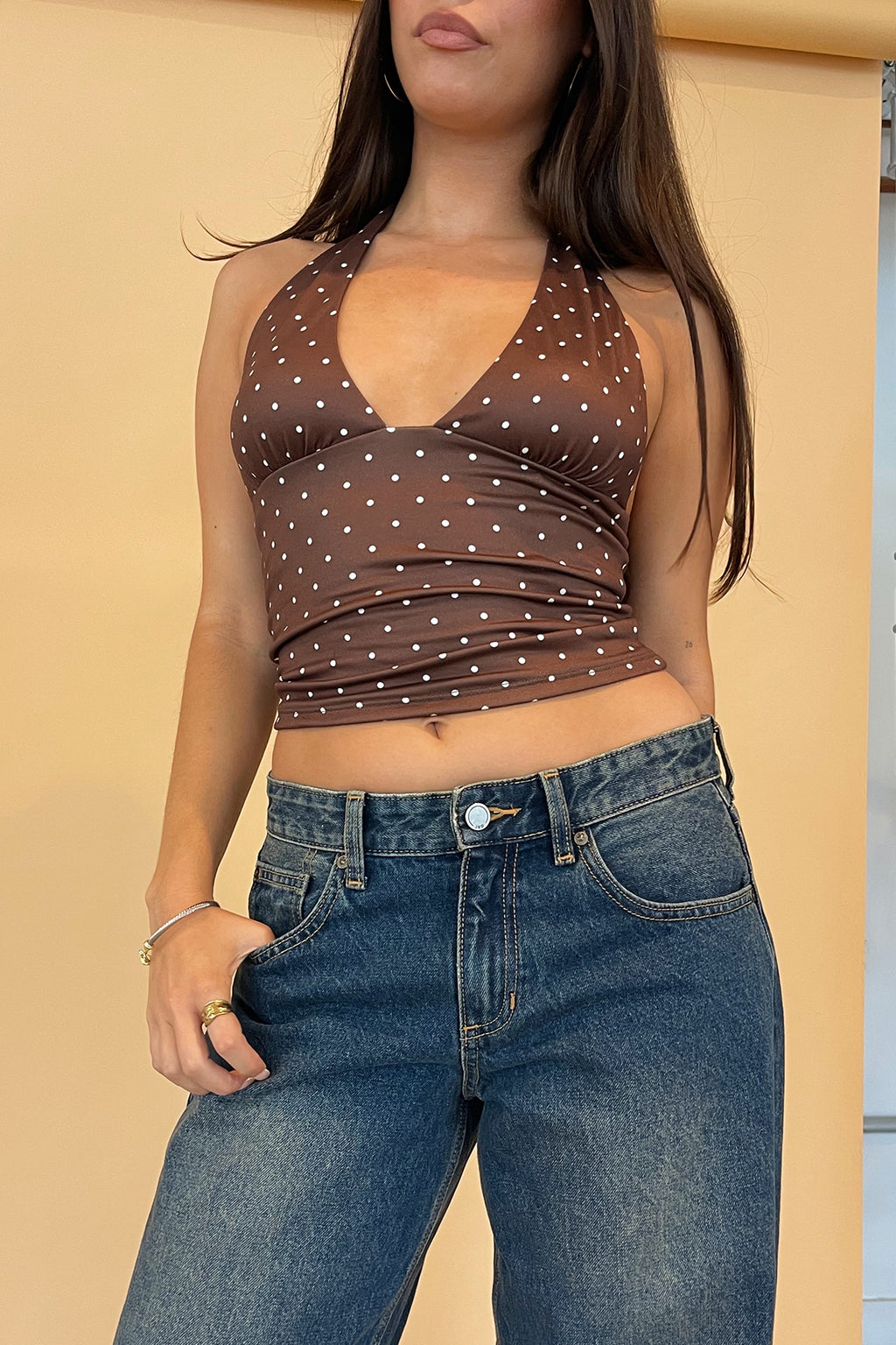 Mon Coeur Brown with White Polka Dot Halter Tank Top