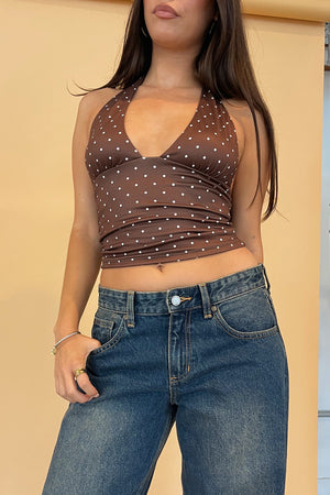 Mon Coeur Brown with White Polka Dot Halter Tank Top