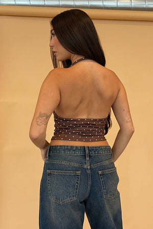 Mon Coeur Brown with White Polka Dot Halter Tank Top