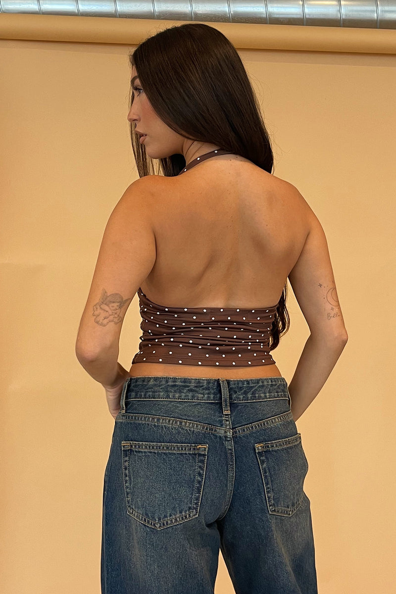 Mon Coeur Brown with White Polka Dot Halter Tank Top