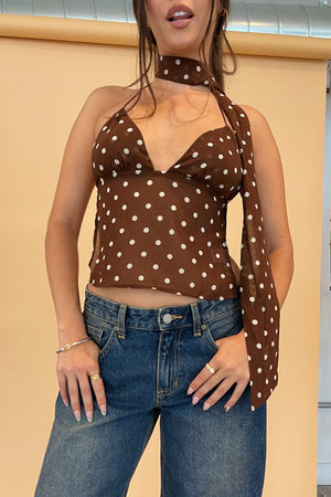 Back At It Brown Polka Dot Halter Tank Top with Scarf