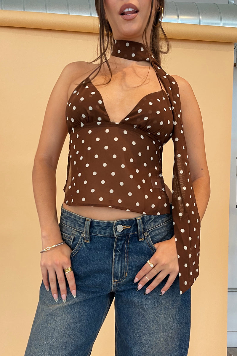 Back At It Brown Polka Dot Halter Tank Top with Scarf