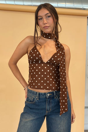 Back At It Brown Polka Dot Halter Tank Top with Scarf