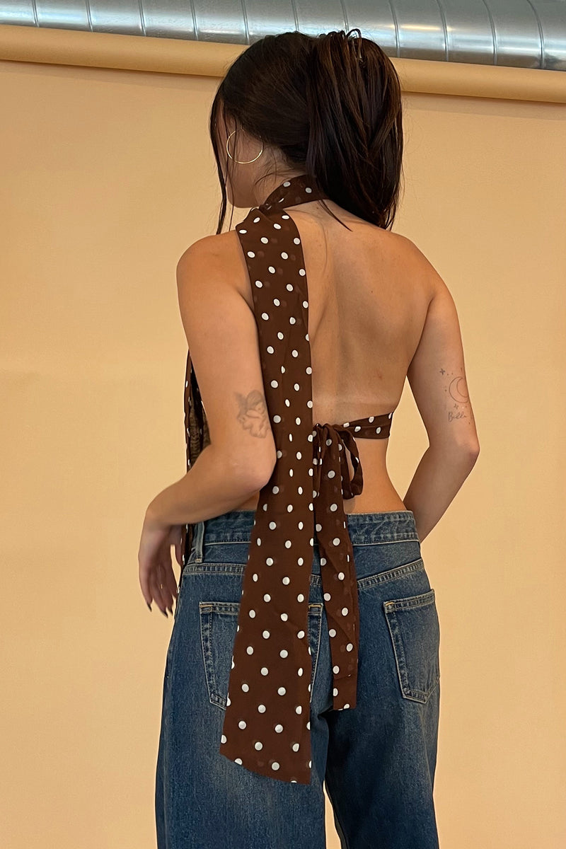 Back At It Brown Polka Dot Halter Tank Top with Scarf