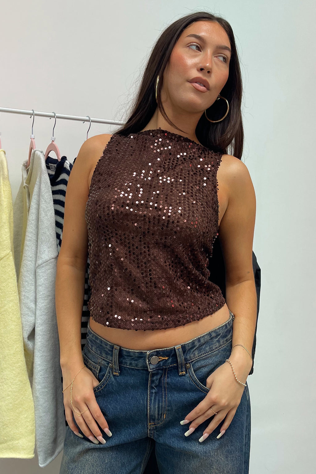 Front Row Brown Sequin Mesh Tank Top