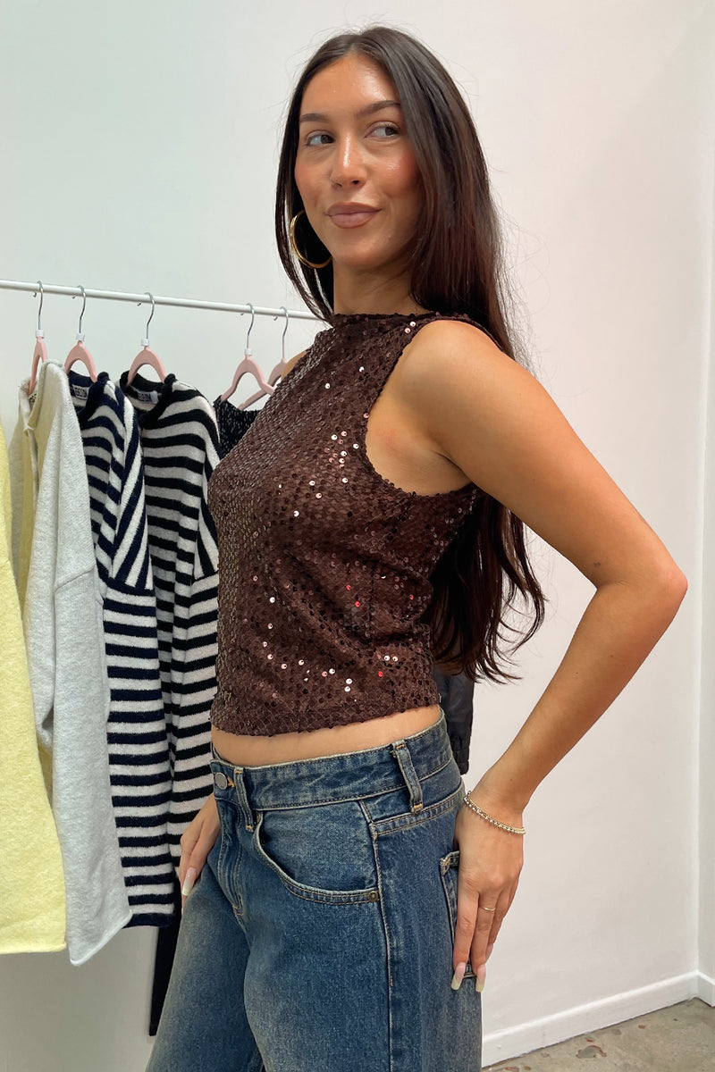Front Row Brown Sequin Mesh Tank Top