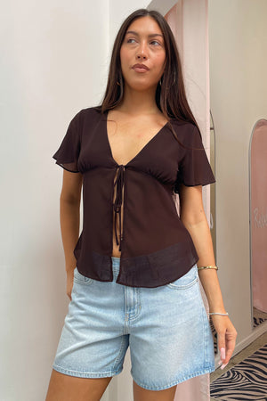 Ready to Go Brown Tie Front Short Sleeve Top