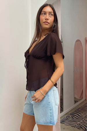 Ready to Go Brown Tie Front Short Sleeve Top