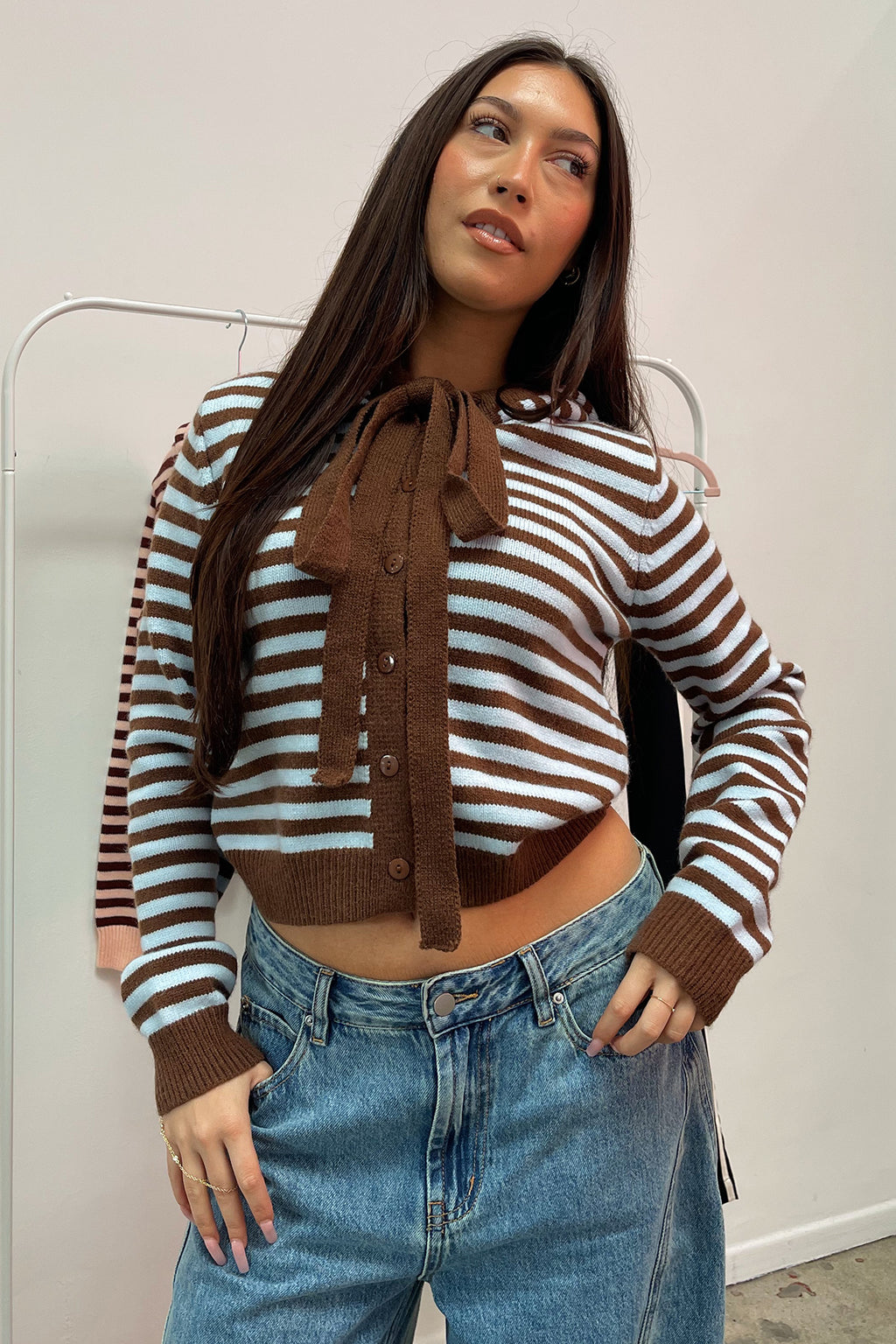 Kaile Blue and Brown Stripe Button Up Hoodie