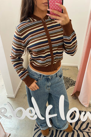 Devon Brown with Multicolored Stripe Zip Up Fitted Hoodie