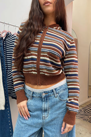 Devon Brown with Multicolored Stripe Zip Up Fitted Hoodie