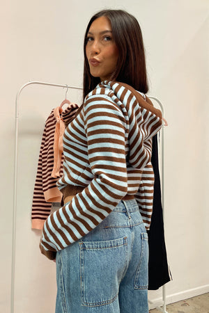 Kaile Blue and Brown Stripe Button Up Hoodie