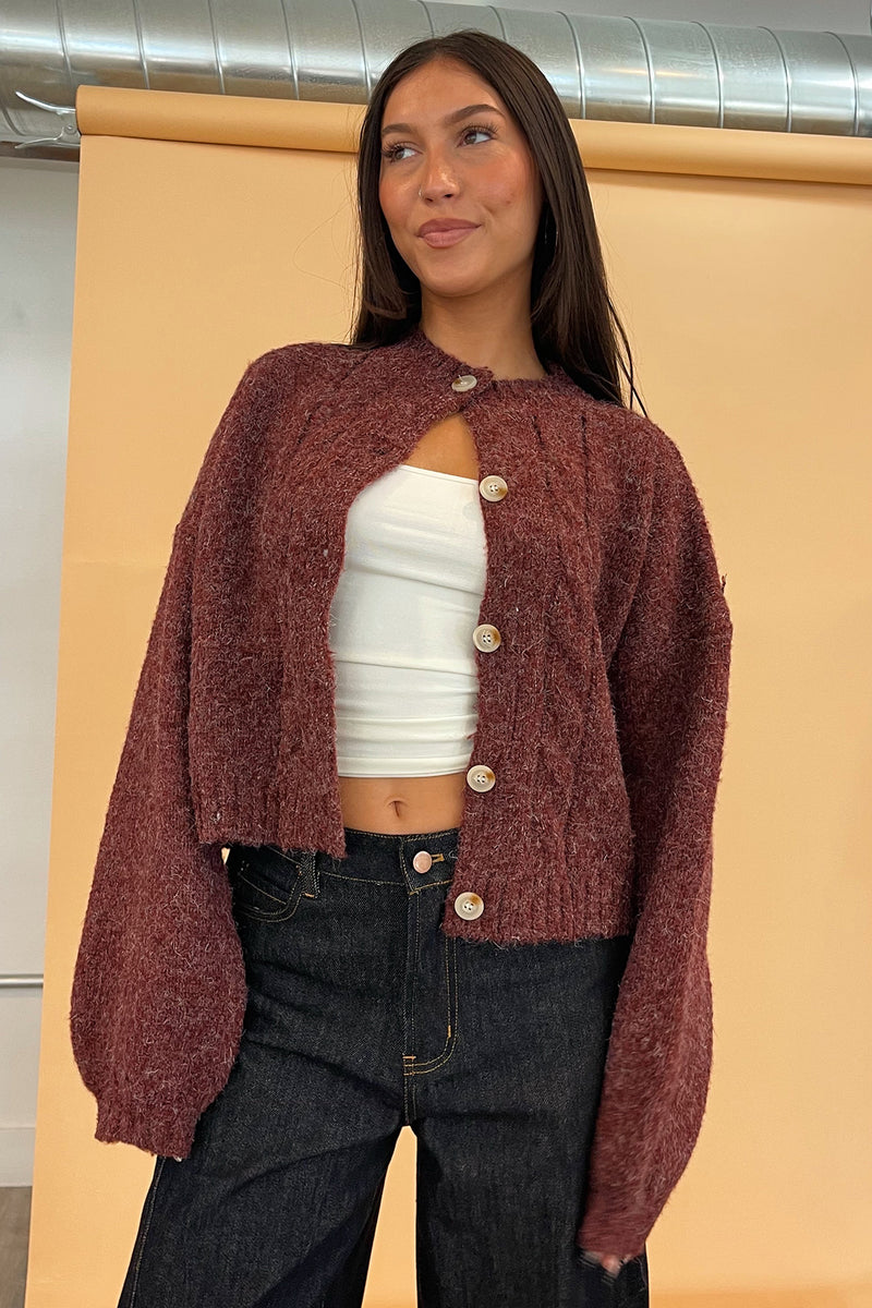 Ruby Burgundy Cable Knit Cardigan