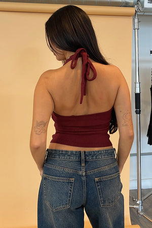 Deja Vu Burgundy Grommet Knit Halter Top