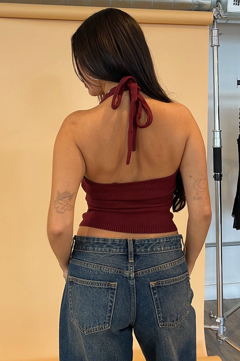 Deja Vu Burgundy Grommet Knit Halter Top