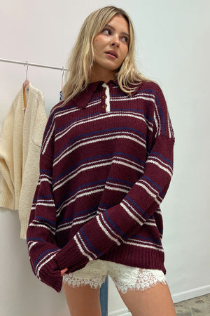 Arden Burgundy Stripe Collared Knit Sweater