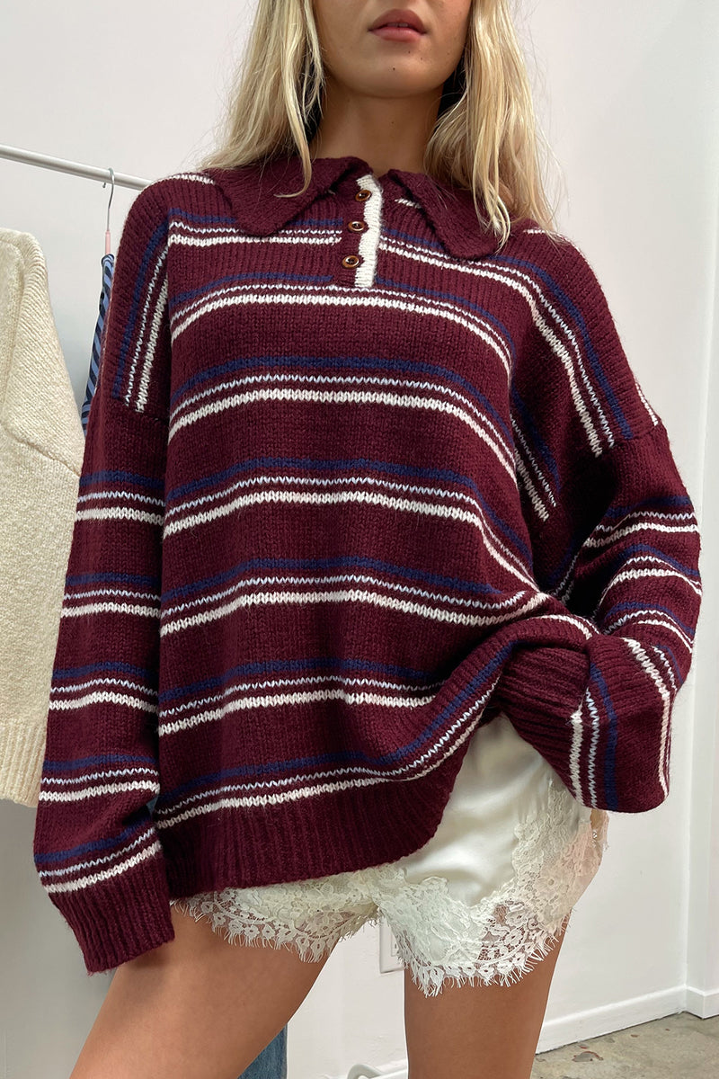 Arden Burgundy Stripe Collared Knit Sweater