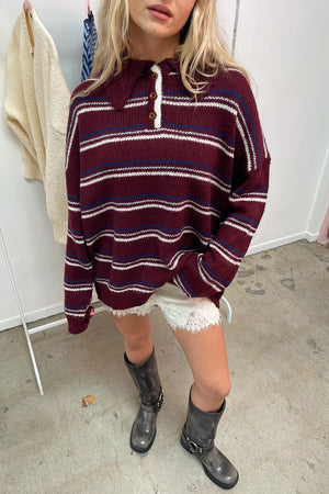 Arden Burgundy Stripe Collared Knit Sweater