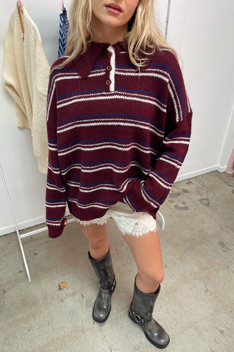 Arden Burgundy Stripe Collared Knit Sweater