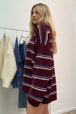 Arden Burgundy Stripe Collared Knit Sweater