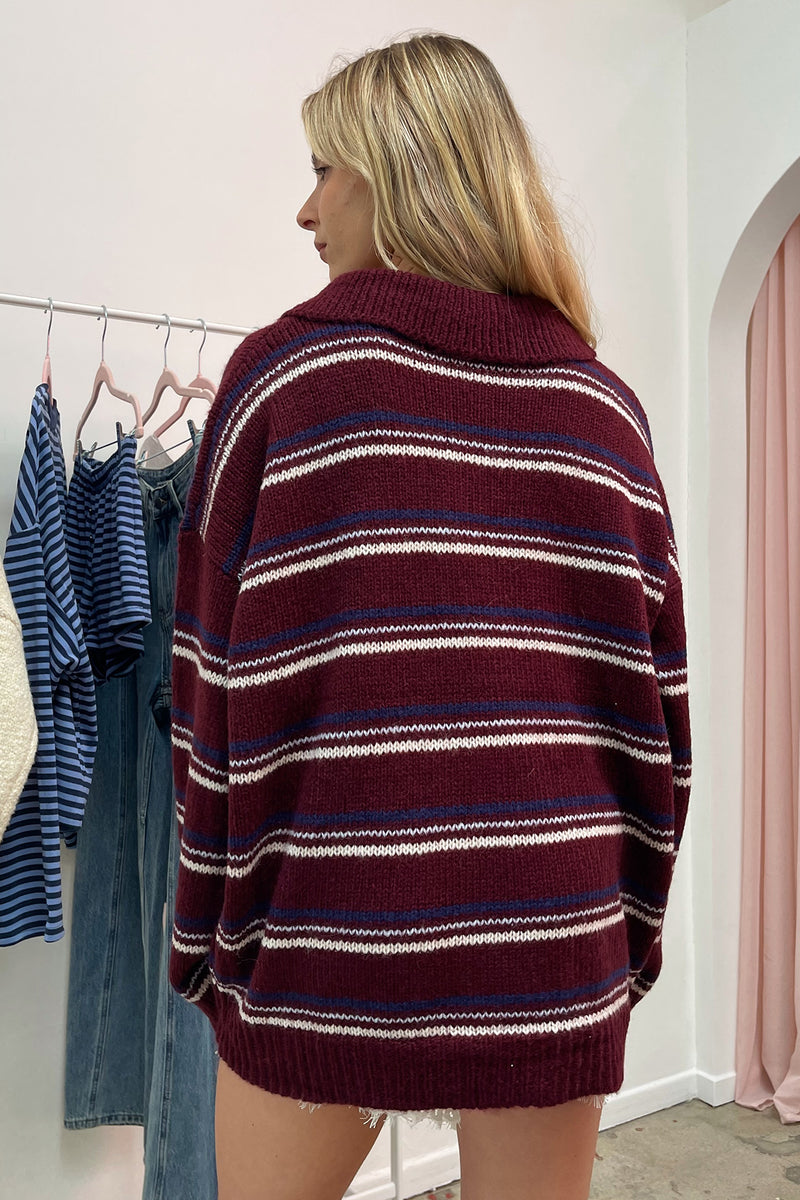 Arden Burgundy Stripe Collared Knit Sweater