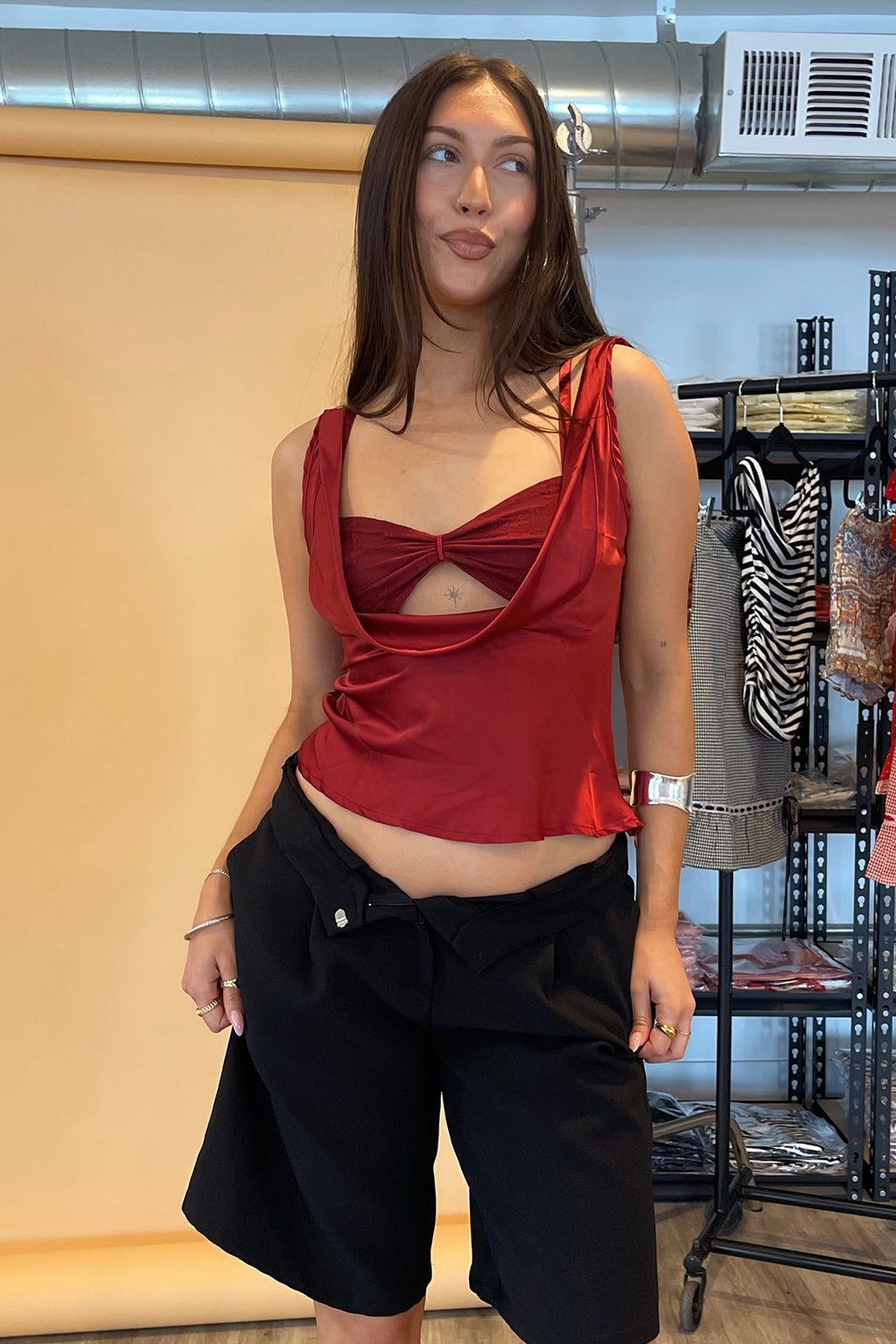 Merlot Burgundy Satin Tank Top with Lace Bra Set