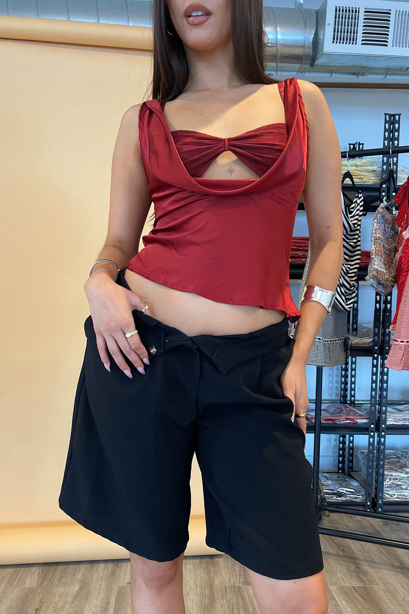 Merlot Burgundy Satin Tank Top with Lace Bra Set