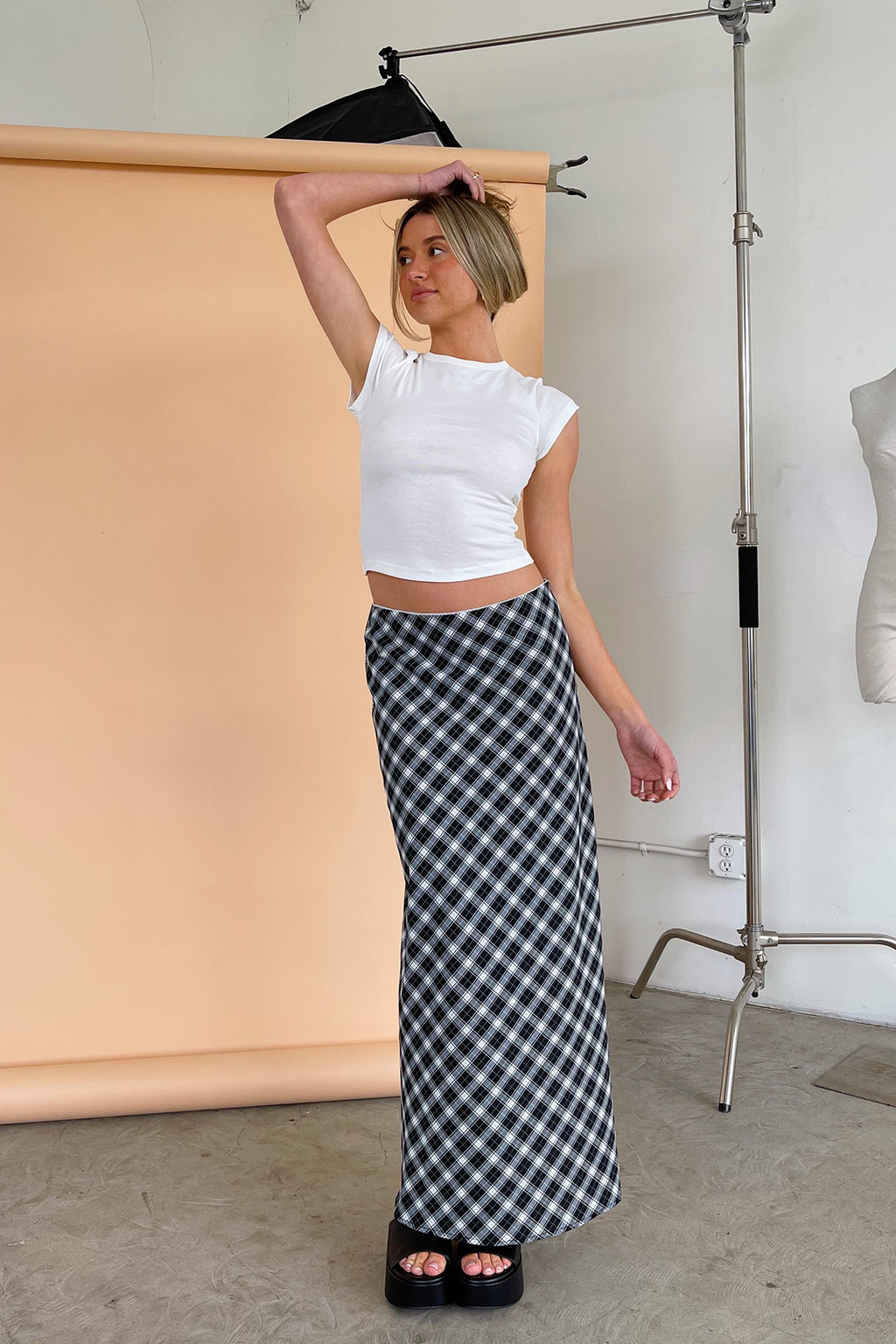 Record Shop Black and White Plaid Low Rise Maxi Skirt