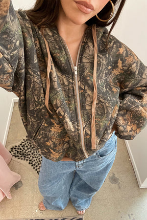 For Keeps Camo with Contrast Brown Trim Zip Up Hoodie