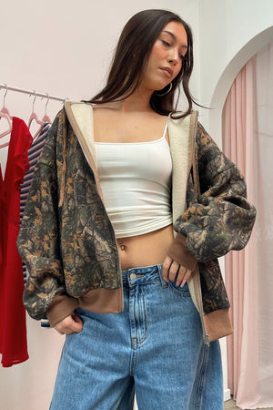 For Keeps Camo with Contrast Brown Trim Zip Up Hoodie