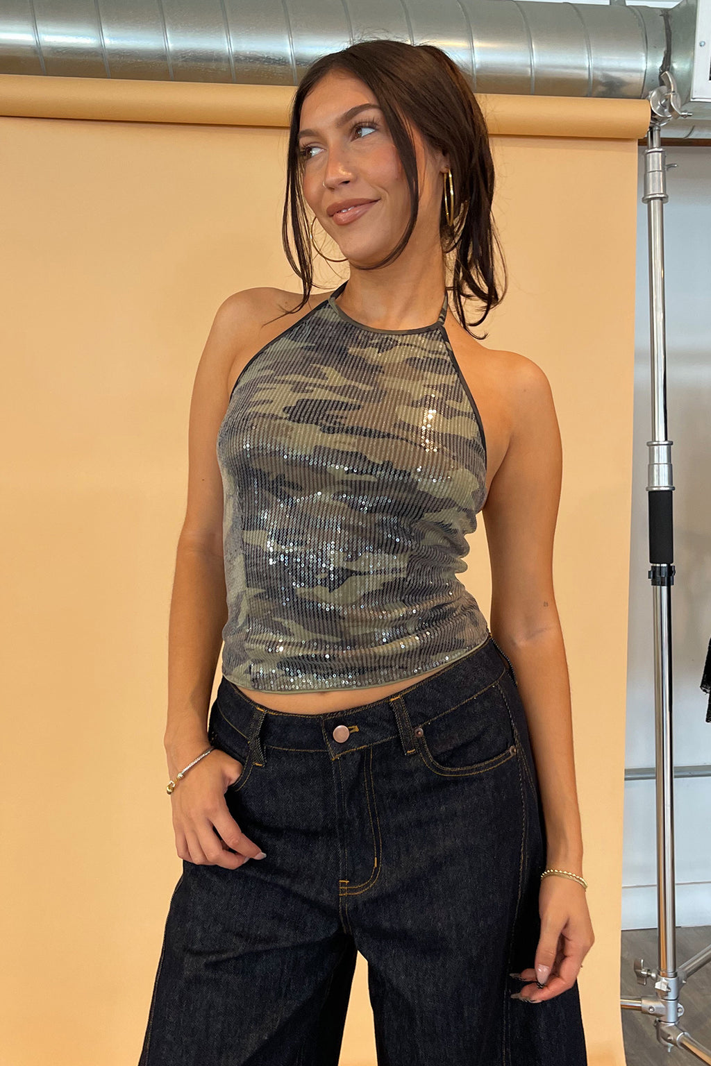 Hidden Gem Sequin Camo Halter Tank Top